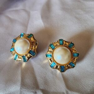 Ivana Trump Gold-Tone Clip-On Earrings Faux Pearl Turquoise Rhinestone Vintage